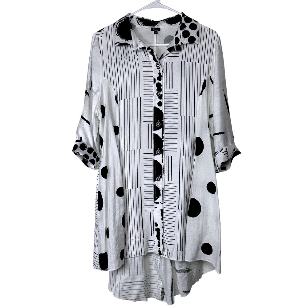 Shana Womens Black White Button Down Tunic Shirt Polka Dot Stripe Medium